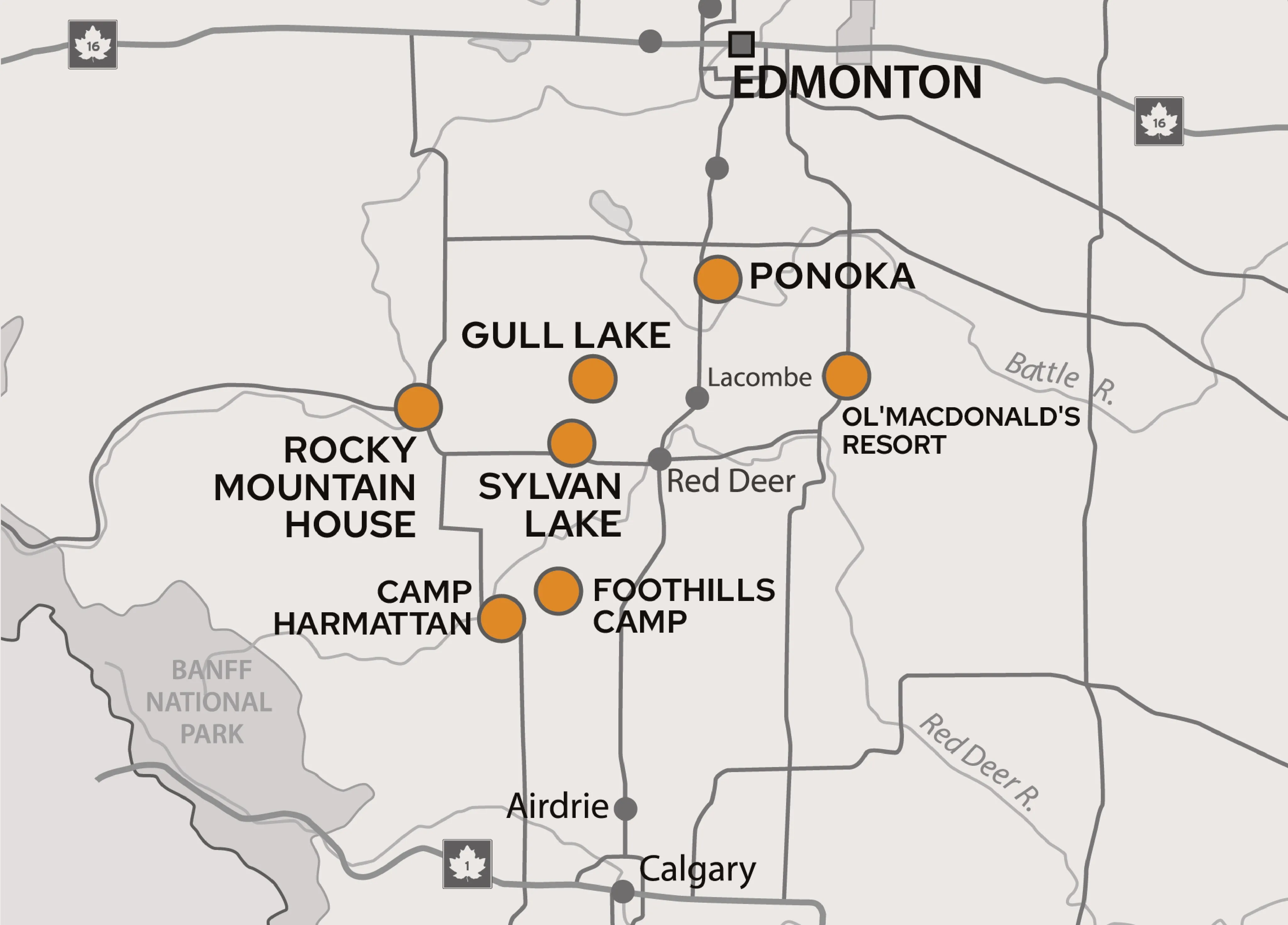 a map of central Alberta and the location West Country RV rentals service.