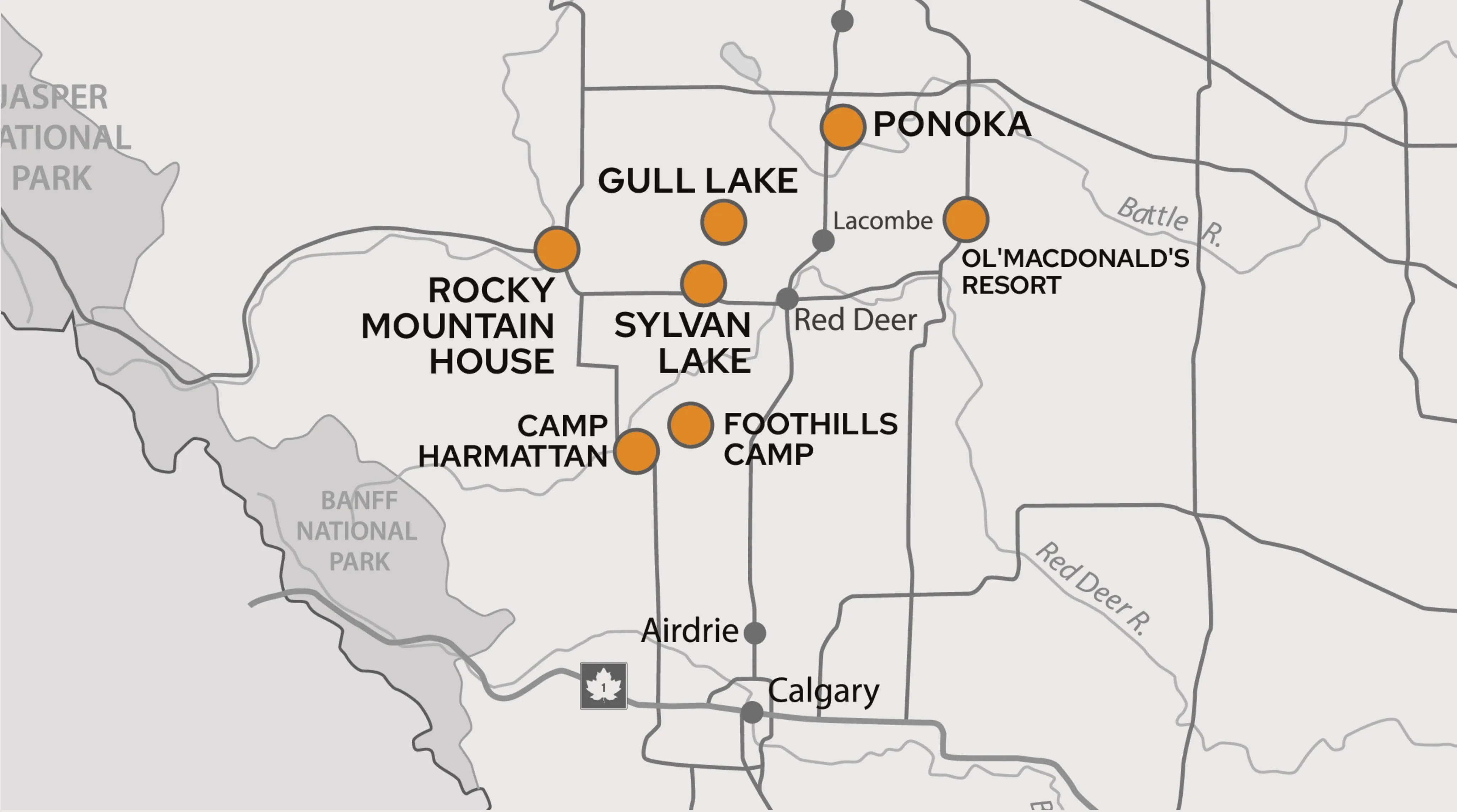 a map of central Alberta and the location West Country RV rentals service.