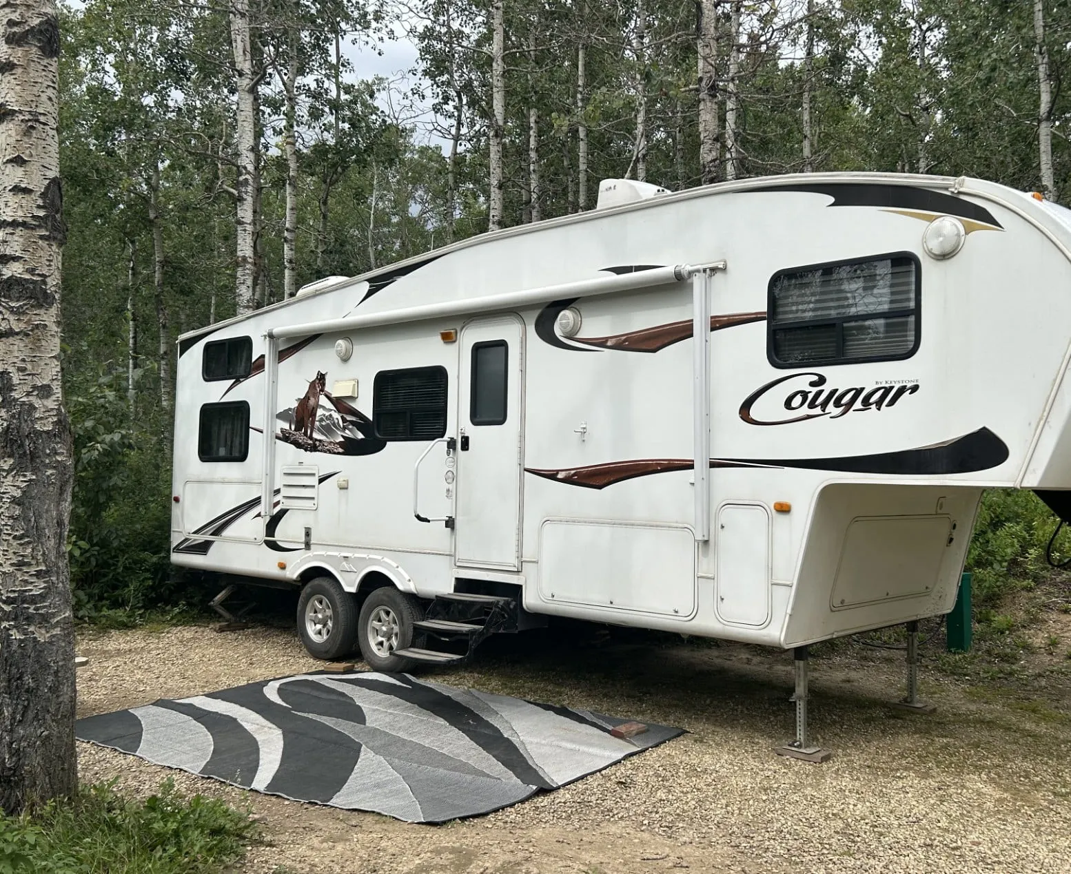 a trailer all setup in a well forested campsite